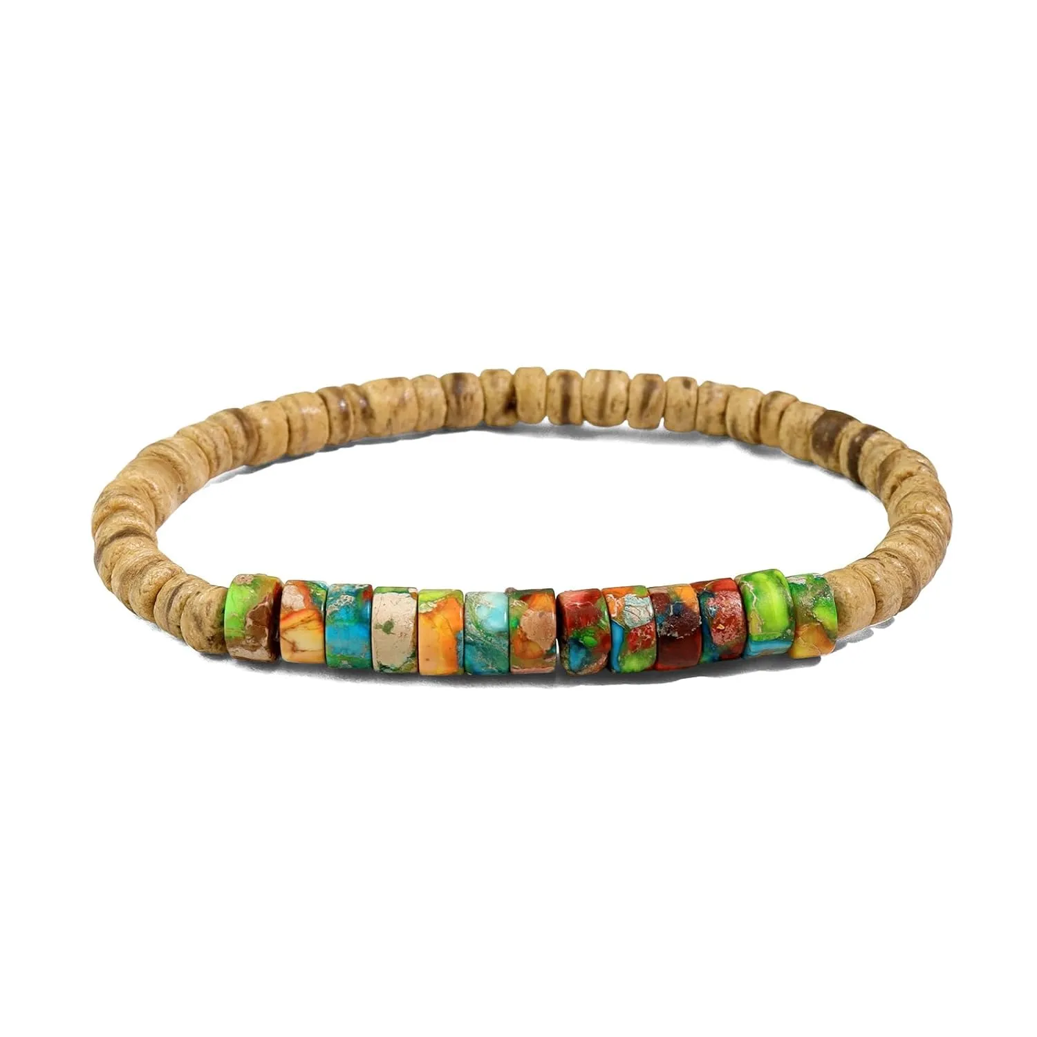 SofiaCreations Handmade Turquoise Sea Sediment Jasper Wooded Wood Beads Boho Vintage Stretch Bracelet, Healing Protection Balance Bracelet for Women Men (Jasper   Wood)