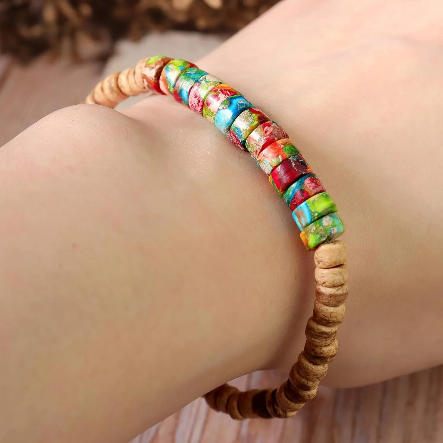 SofiaCreations Handmade Turquoise Sea Sediment Jasper Wooded Wood Beads Boho Vintage Stretch Bracelet, Healing Protection Balance Bracelet for Women Men (Jasper   Wood)