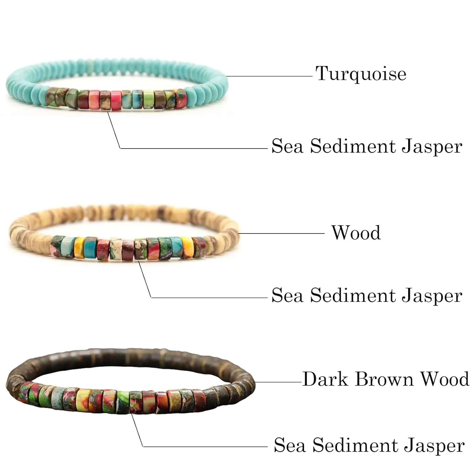 SofiaCreations Handmade Turquoise Sea Sediment Jasper Wooded Wood Beads Boho Vintage Stretch Bracelet, Healing Protection Balance Bracelet for Women Men (Jasper   Wood)