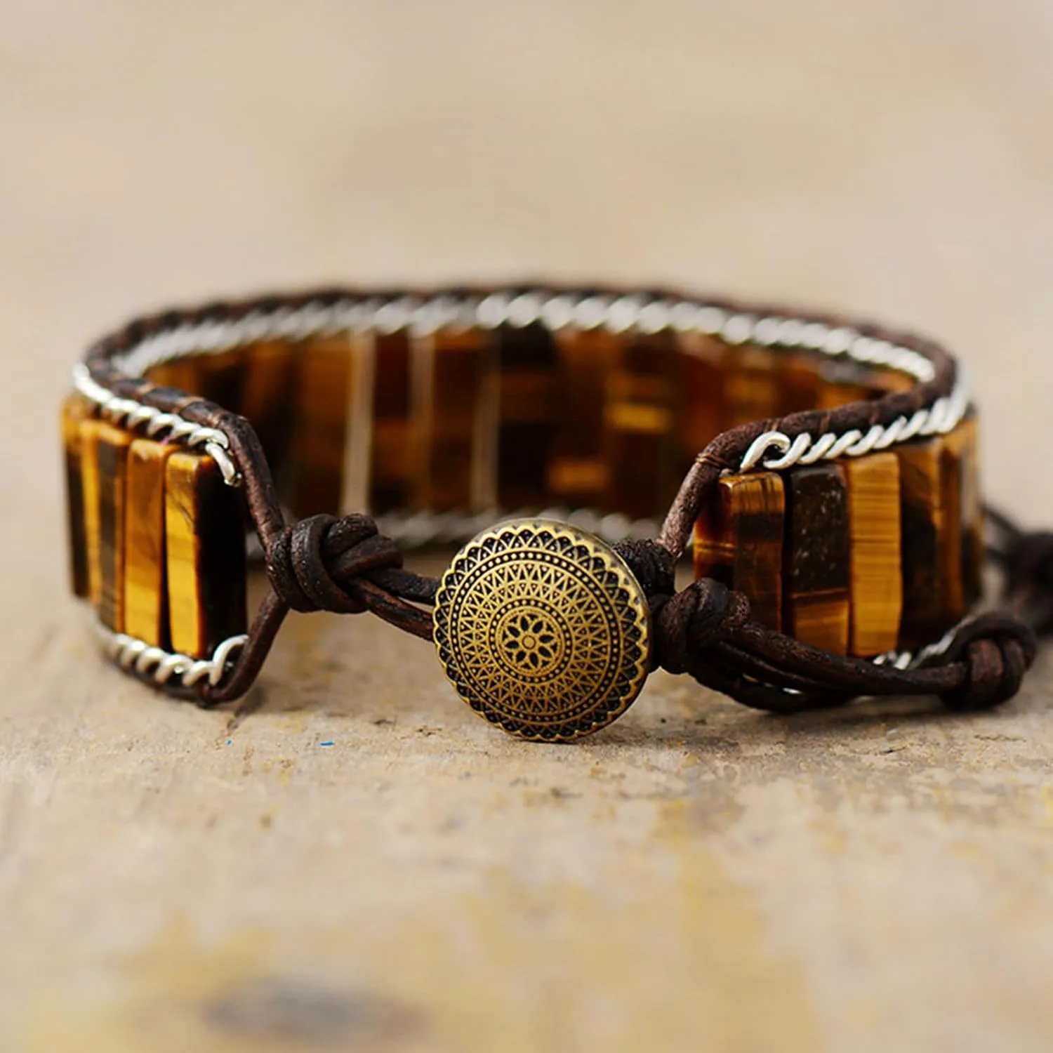 SofiaCreations Natural Tiger's Eye Bracelet, Handmade Tube Beads Leather Bracelet, Wrap Bradied Boho Gemstone Bracelet for Men, Genuine Stone Anxiety Relief