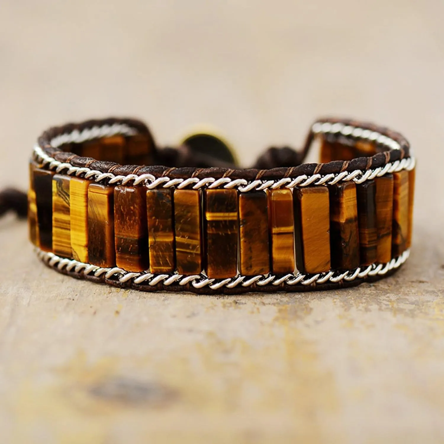 SofiaCreations Natural Tiger's Eye Bracelet, Handmade Tube Beads Leather Bracelet, Wrap Bradied Boho Gemstone Bracelet for Men, Genuine Stone Anxiety Relief