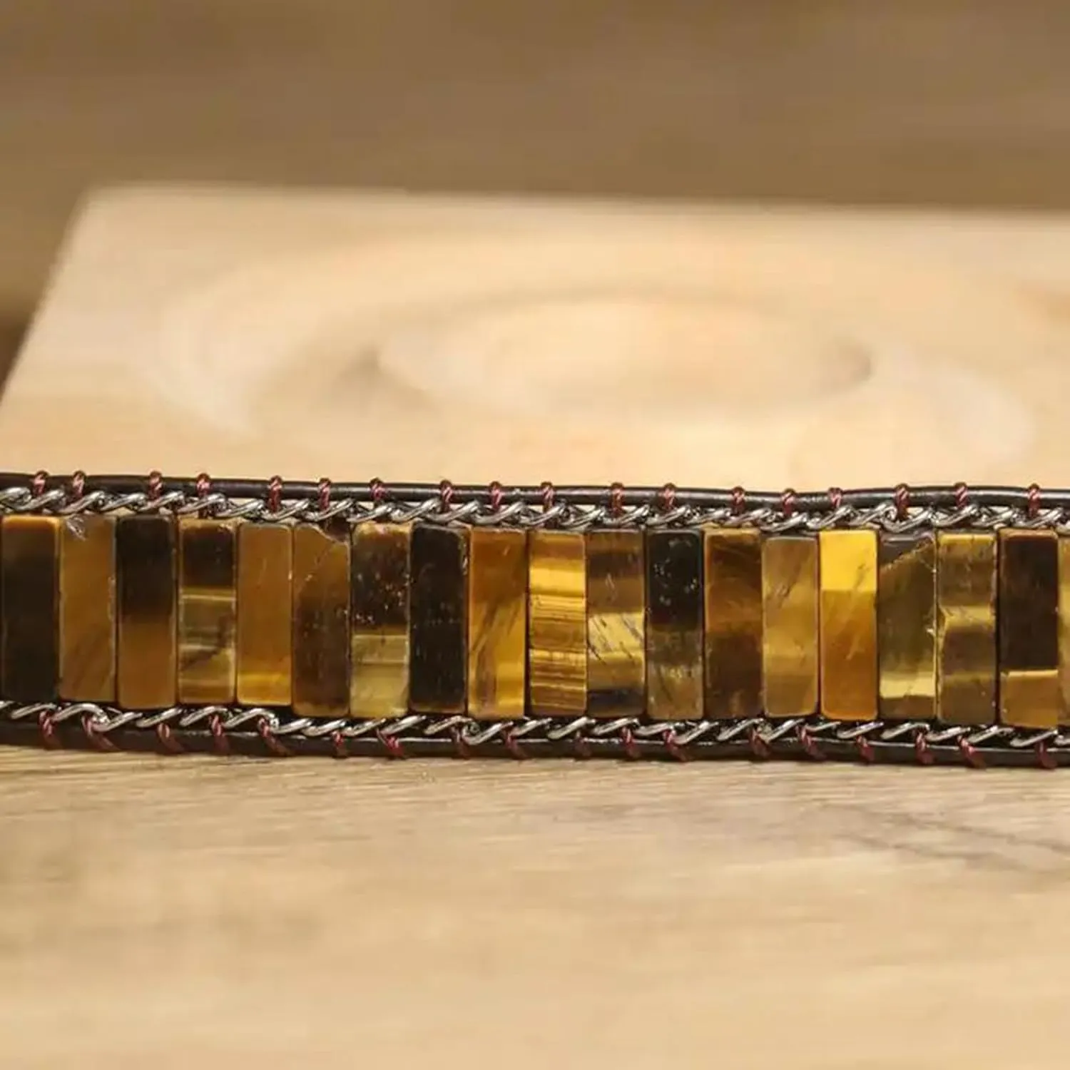 SofiaCreations Natural Tiger's Eye Bracelet, Handmade Tube Beads Leather Bracelet, Wrap Bradied Boho Gemstone Bracelet for Men, Genuine Stone Anxiety Relief