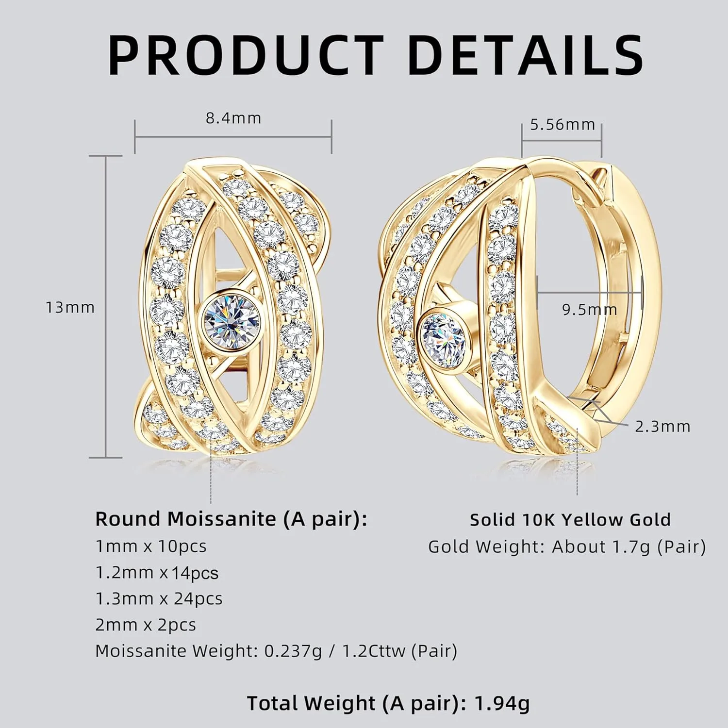 Solid 10K Gold Moissanite Huggie Earrings, 0.7ct/1.2ct Brilliant Round Cut Imitation Diamond Hoop Earrings 10K Yellow Gold Huggie Earring for Women Men, Gold Hoops Engagement Wedding Jewelry Gifts