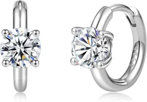 Solitaire Moissanite Huggie Earrings; Platinum Plated Solid Silver Moissanite Diamonds Earrings; Engagement Wedding Huggie Earrings; Classice Diamond Small Hoops;