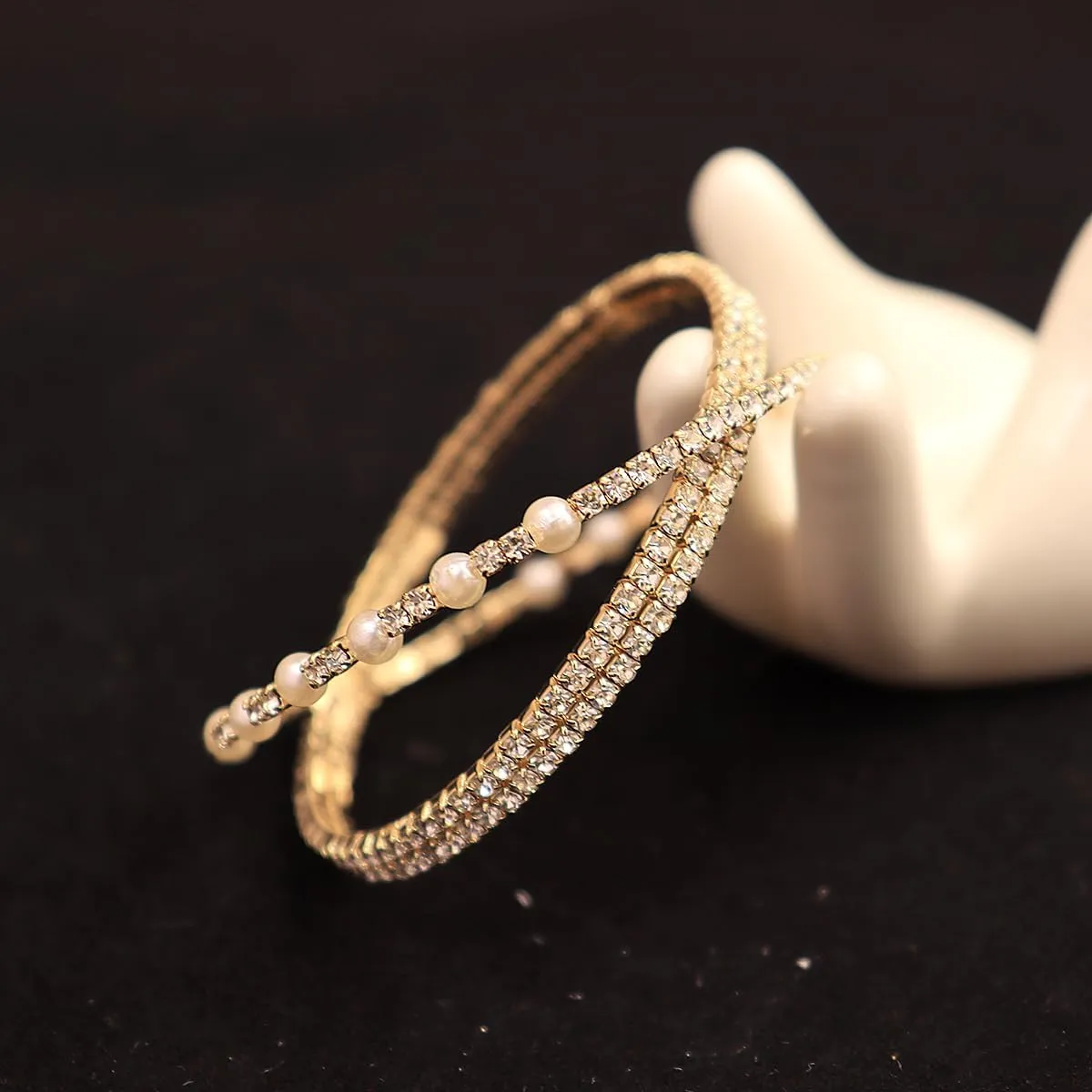 Sparkling Crystal and Pearl Cuff Bracelet Layered Rhinestone Wrist Bangle Wrap Half Open Elegant Bridal Accessory for Women