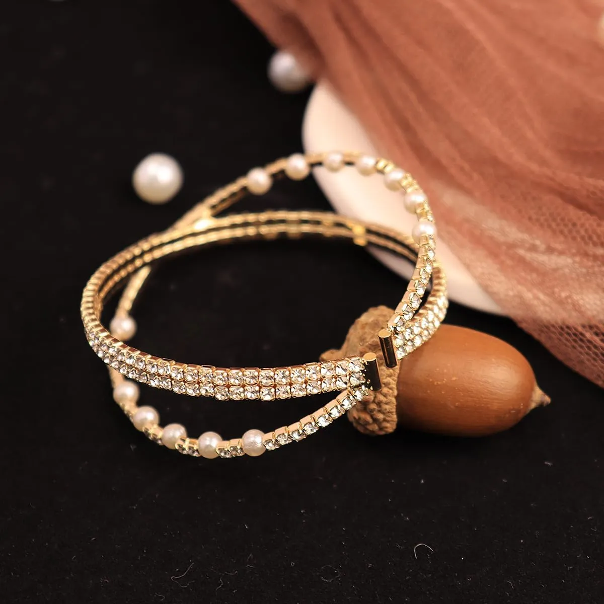 Sparkling Crystal and Pearl Cuff Bracelet Layered Rhinestone Wrist Bangle Wrap Half Open Elegant Bridal Accessory for Women