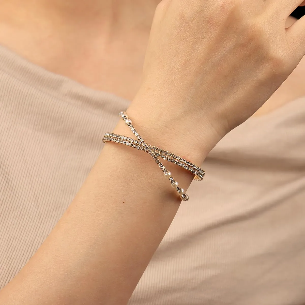 Sparkling Crystal and Pearl Cuff Bracelet Layered Rhinestone Wrist Bangle Wrap Half Open Elegant Bridal Accessory for Women