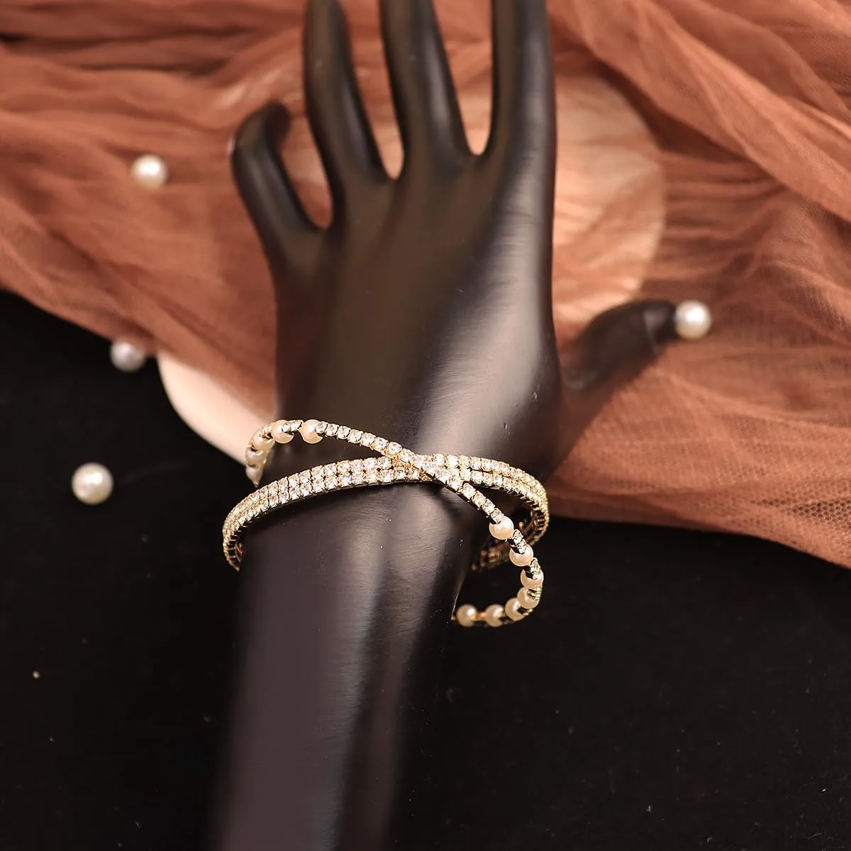 Sparkling Crystal and Pearl Cuff Bracelet Layered Rhinestone Wrist Bangle Wrap Half Open Elegant Bridal Accessory for Women