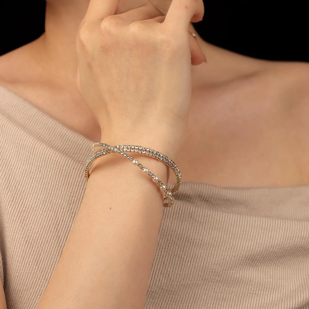 Sparkling Crystal and Pearl Cuff Bracelet Layered Rhinestone Wrist Bangle Wrap Half Open Elegant Bridal Accessory for Women