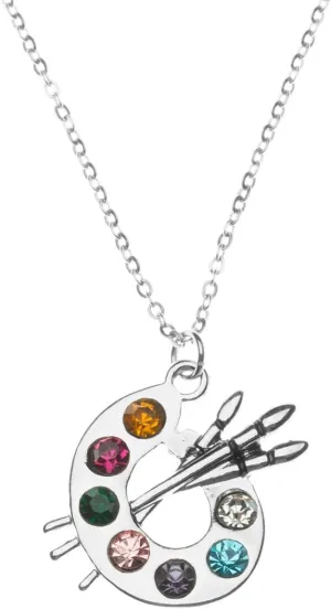 Sportybella - Artist Paint Palette and Brush Charm Pendant Necklace, Silver Plated Multi-Colored Rhinestone, Gift for Painters and Those Who Love Arts, Necklace for Women