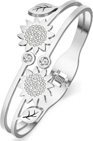 Stainless Steel 18K Gold Silver Plated Sunflowers Bracelets Cuff Hollow Out Bangle Summer Plants Jewelry For Women Floral Lovers Gifts