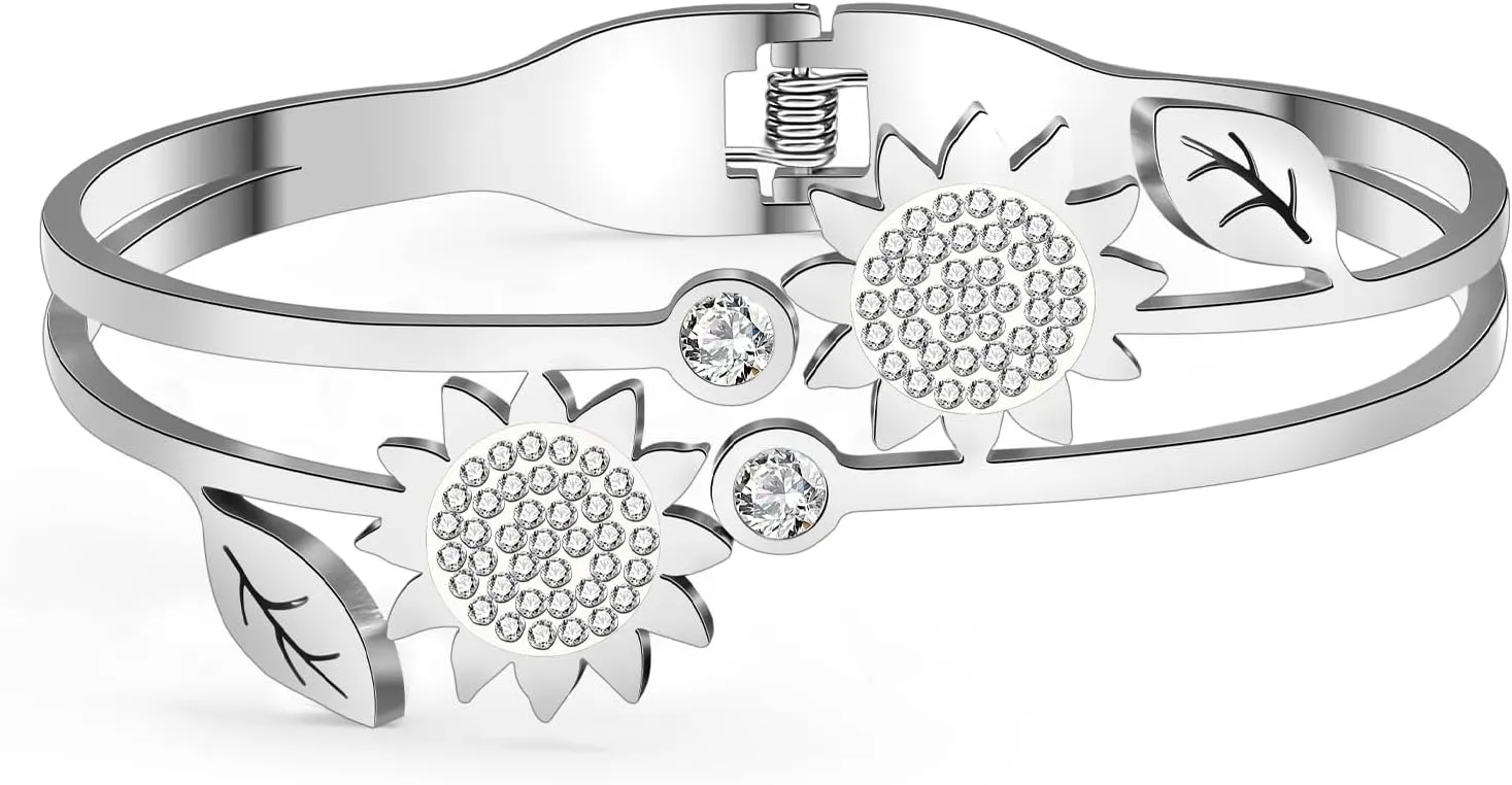 Stainless Steel 18K Gold Silver Plated Sunflowers Bracelets Cuff Hollow Out Bangle Summer Plants Jewelry For Women Floral Lovers Gifts
