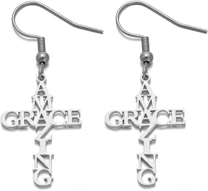 Stainless Steel Amazing Grace Earrings Cross Shaped Word Letter Dangle Jewelry for Women Friend Religious Christian Gifts