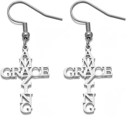 Stainless Steel Amazing Grace Earrings Cross Shaped Word Letter Dangle Jewelry for Women Friend Religious Christian Gifts