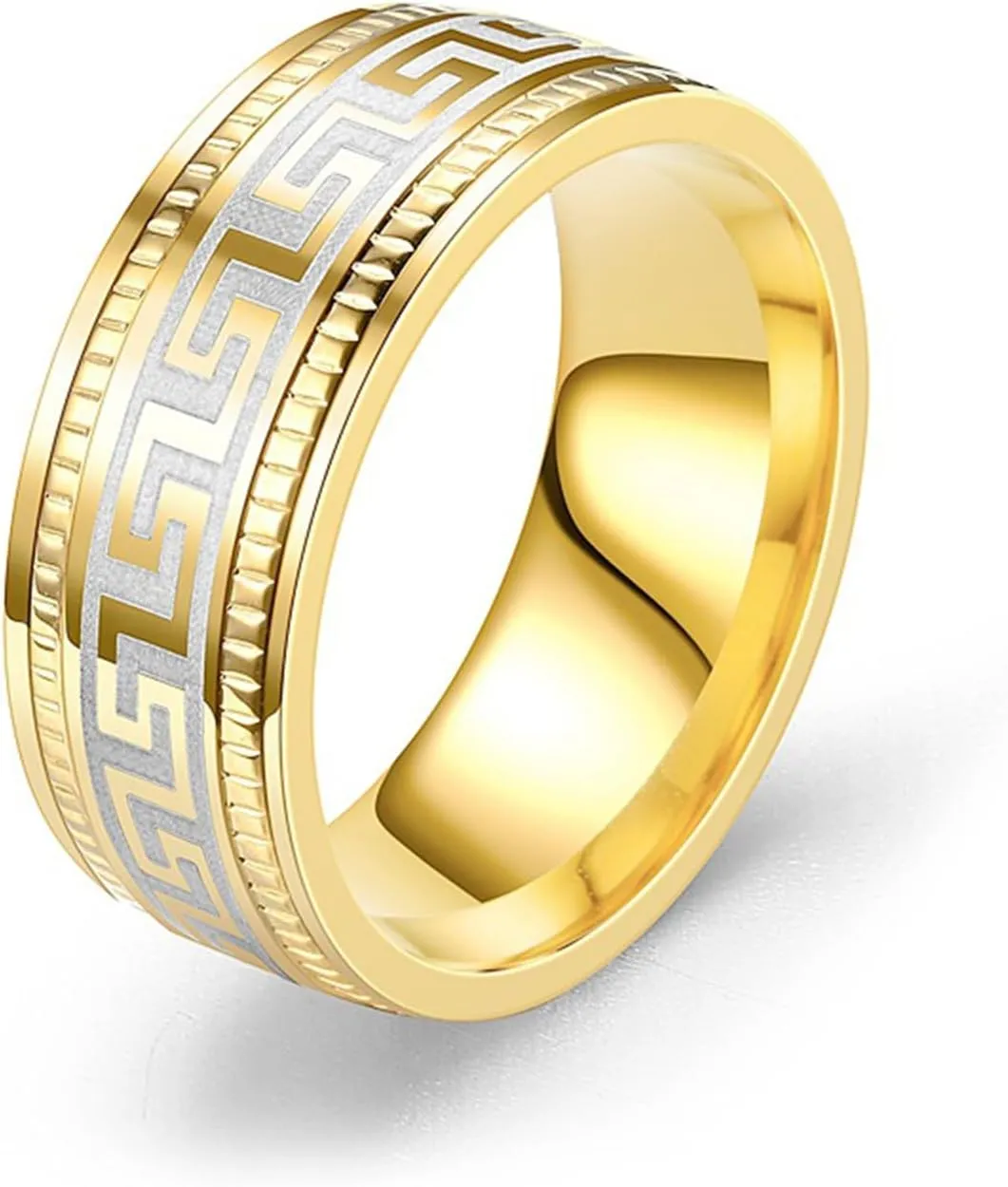 Stainless Steel Ring - Etched Great Wall Pattern, Unisex Design, Vintage Style, Sizes 6-13, in Silver, Gold, and Black