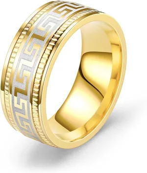 Stainless Steel Ring - Etched Great Wall Pattern, Unisex Design, Vintage Style, Sizes 6-13, in Silver, Gold, and Black
