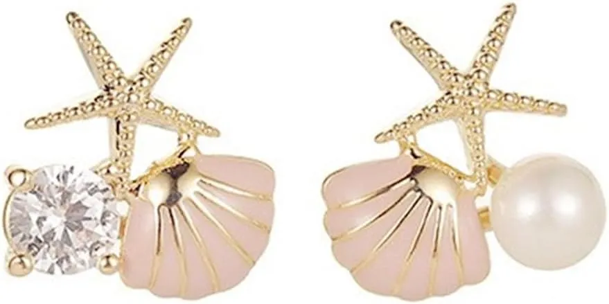 Starfish Shell Pearl Stud Earrings for Women Boho Asymmetric Ocean Animal Cute Pink Colorful Sea Shell Star Glitter Crystal Cubic Zirconia Earrings for Summer Beach Vacation Jewelry Gifts