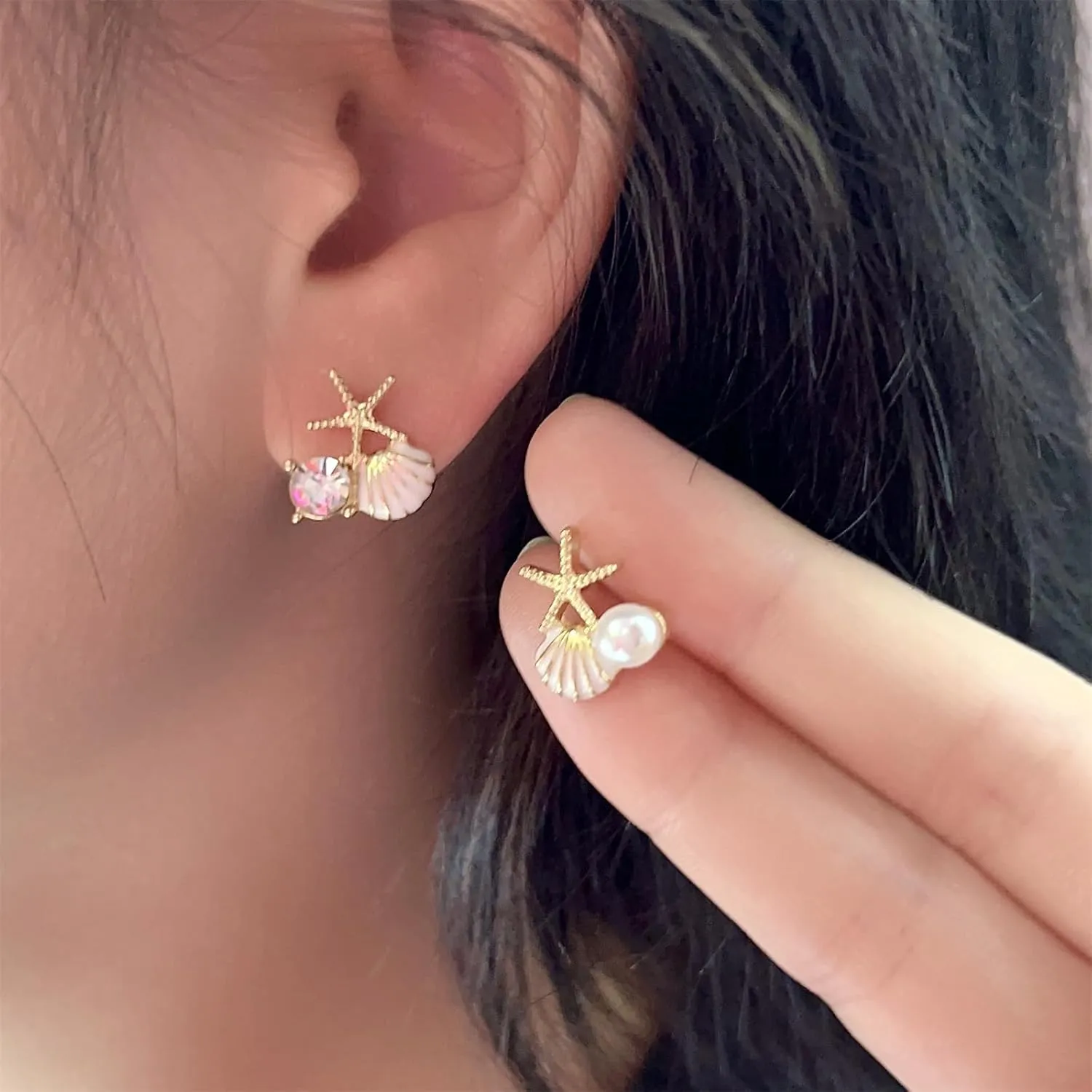 Starfish Shell Pearl Stud Earrings for Women Boho Asymmetric Ocean Animal Cute Pink Colorful Sea Shell Star Glitter Crystal Cubic Zirconia Earrings for Summer Beach Vacation Jewelry Gifts
