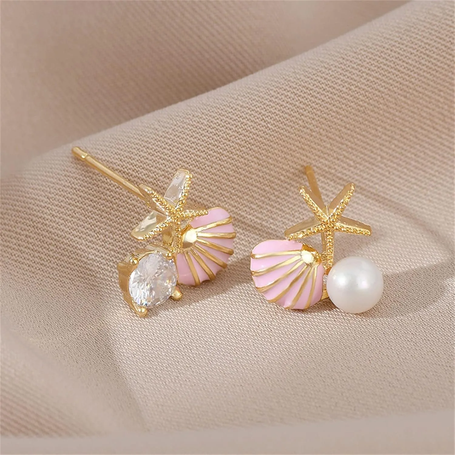 Starfish Shell Pearl Stud Earrings for Women Boho Asymmetric Ocean Animal Cute Pink Colorful Sea Shell Star Glitter Crystal Cubic Zirconia Earrings for Summer Beach Vacation Jewelry Gifts