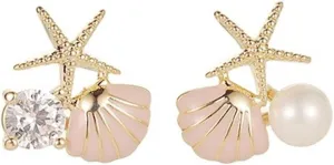 Starfish Shell Pearl Stud Earrings for Women Boho Asymmetric Ocean Animal Cute Pink Colorful Sea Shell Star Glitter Crystal Cubic Zirconia Earrings for Summer Beach Vacation Jewelry Gifts