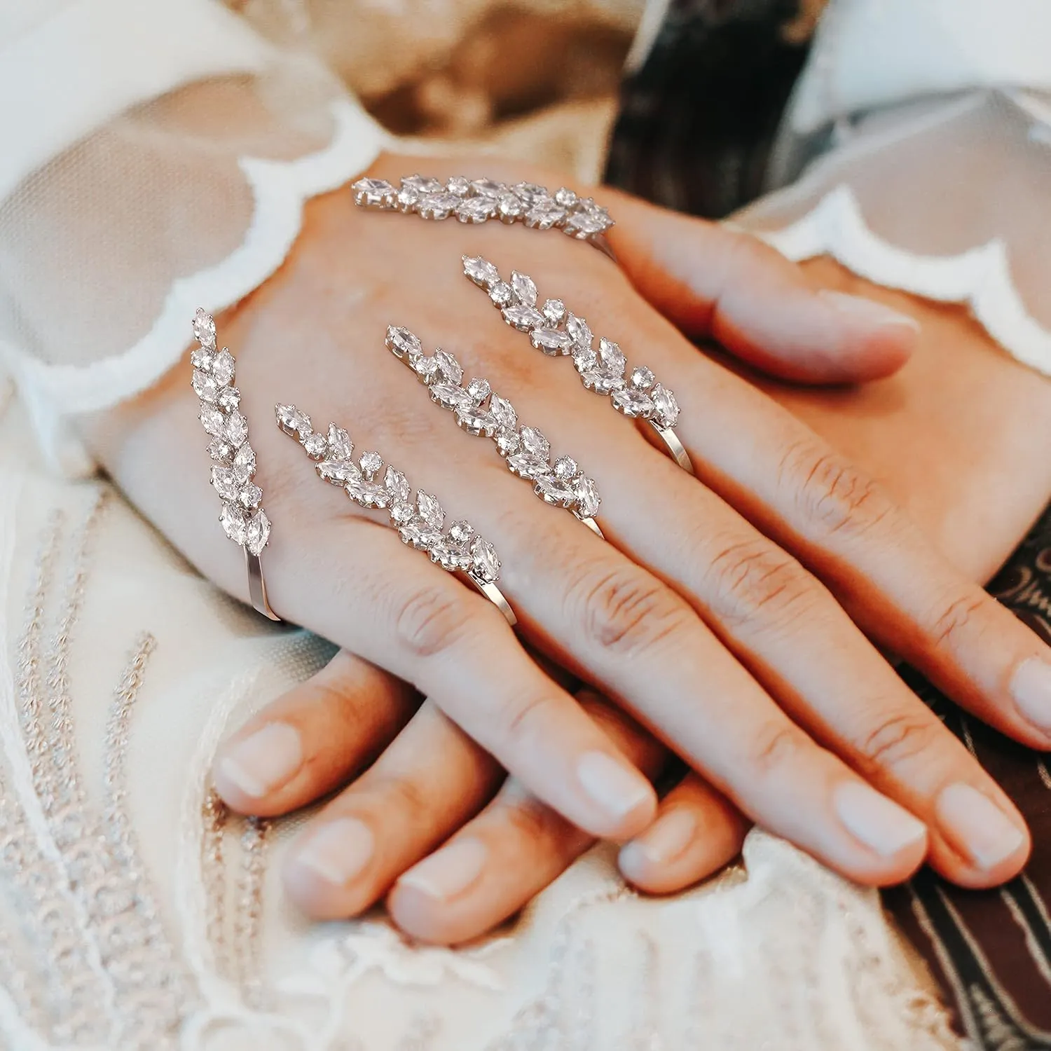 Statement Ring for Women, Silver CZ Hand Palm Multiple Finger Ring Bracelet Unique Leaf Design Full Finger Ring Jewelry Gift for Women Adjustable Size