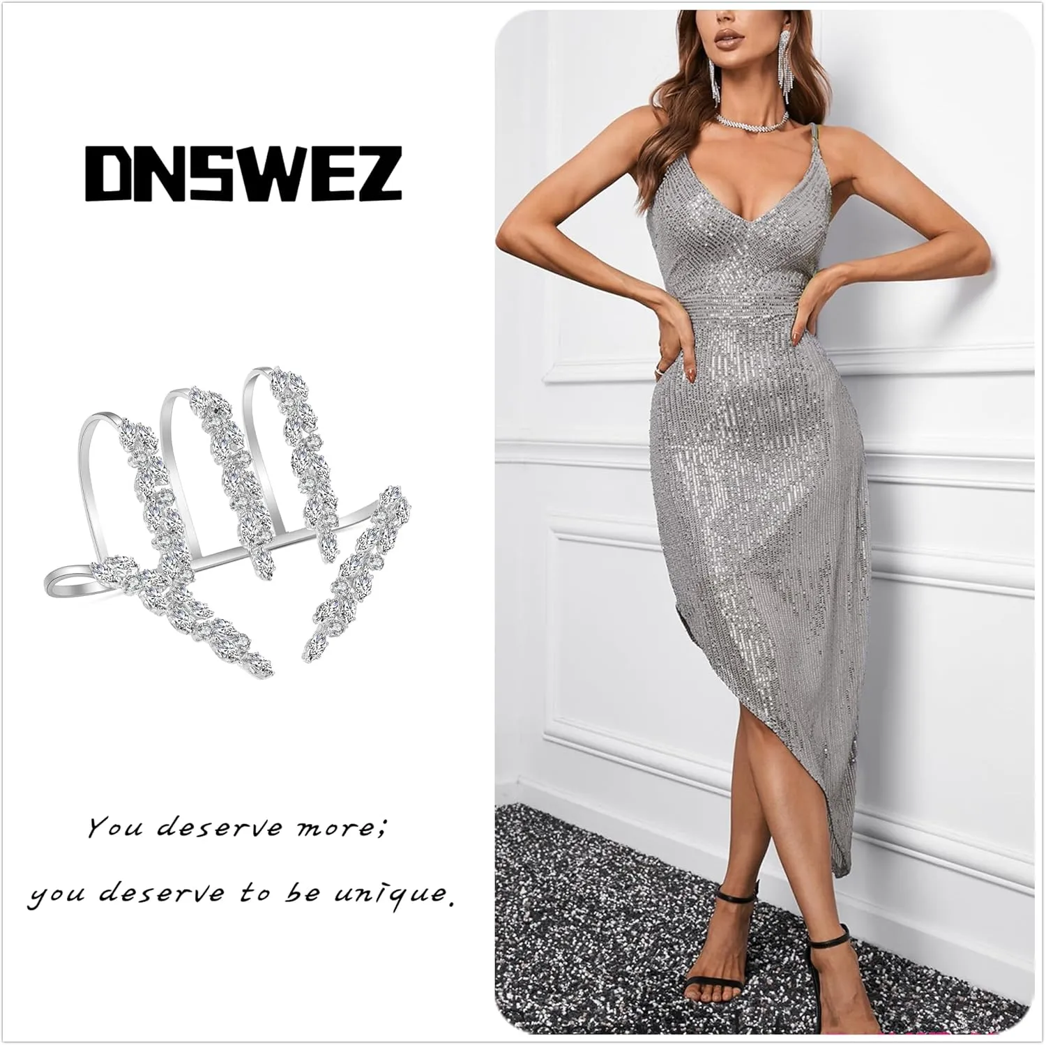 Statement Ring for Women, Silver CZ Hand Palm Multiple Finger Ring Bracelet Unique Leaf Design Full Finger Ring Jewelry Gift for Women Adjustable Size