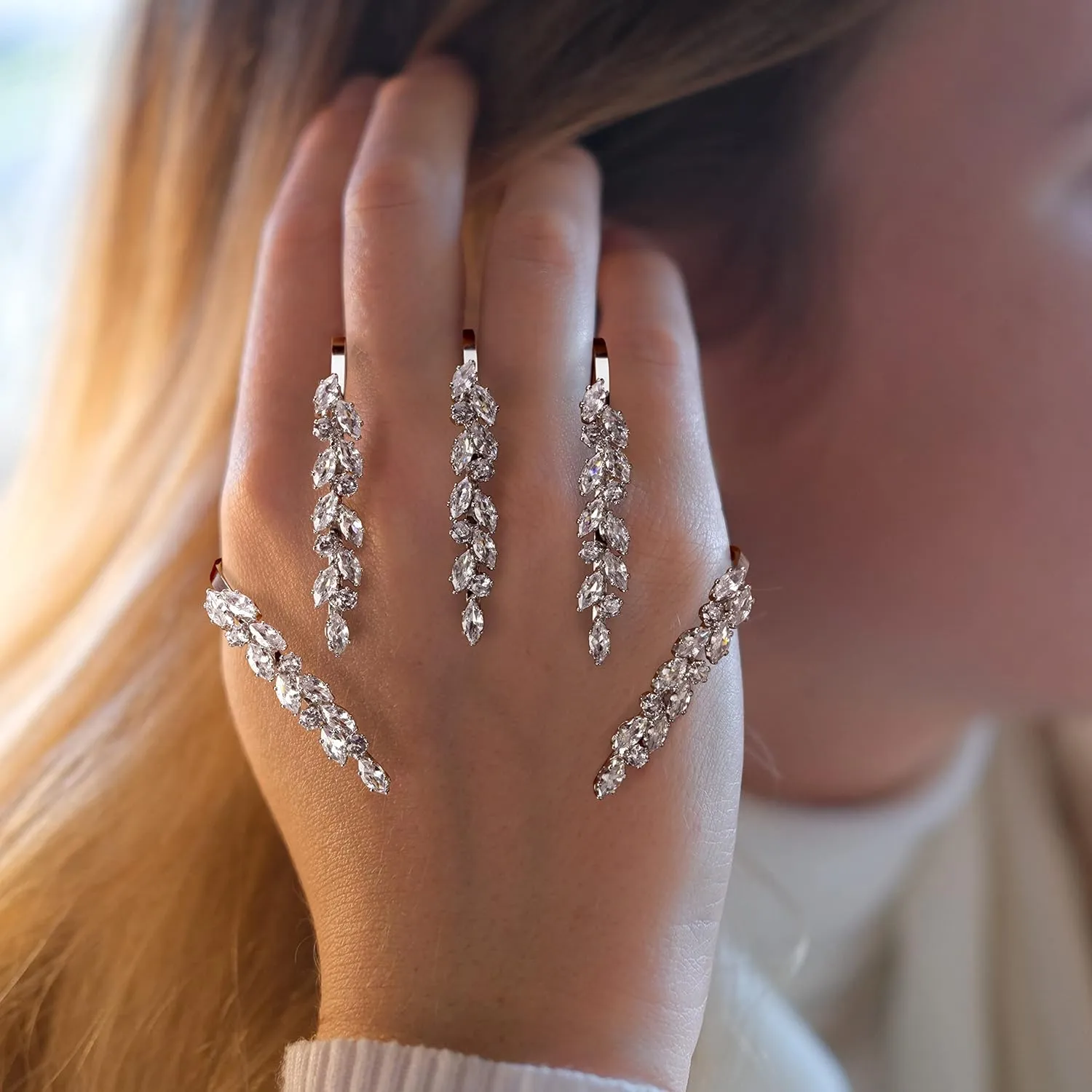 Statement Ring for Women, Silver CZ Hand Palm Multiple Finger Ring Bracelet Unique Leaf Design Full Finger Ring Jewelry Gift for Women Adjustable Size