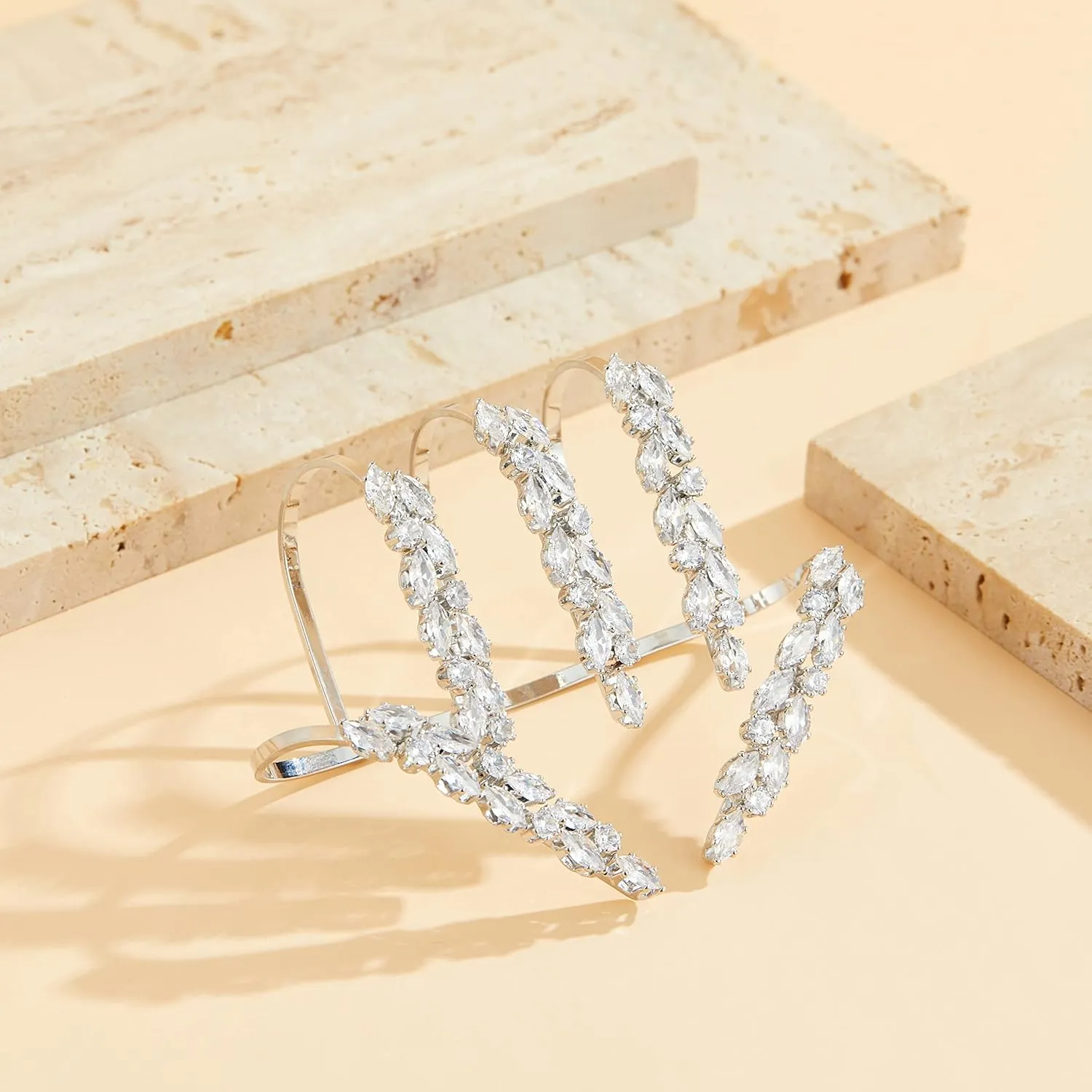 Statement Ring for Women, Silver CZ Hand Palm Multiple Finger Ring Bracelet Unique Leaf Design Full Finger Ring Jewelry Gift for Women Adjustable Size