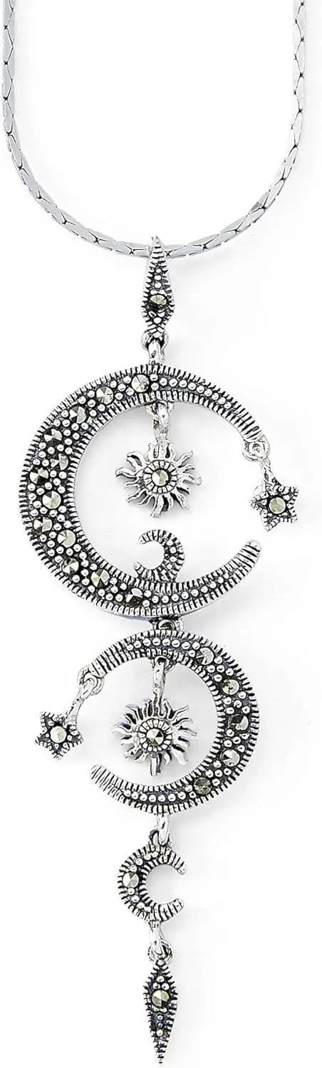 Sterling Silver Celestial Pendant, Genuine Marcasite Necklace, Moons, Stars, Suns, Jewelry Gift for Women and Teens