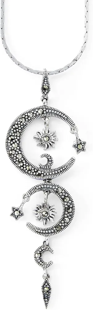 Sterling Silver Celestial Pendant, Genuine Marcasite Necklace, Moons, Stars, Suns, Jewelry Gift for Women and Teens
