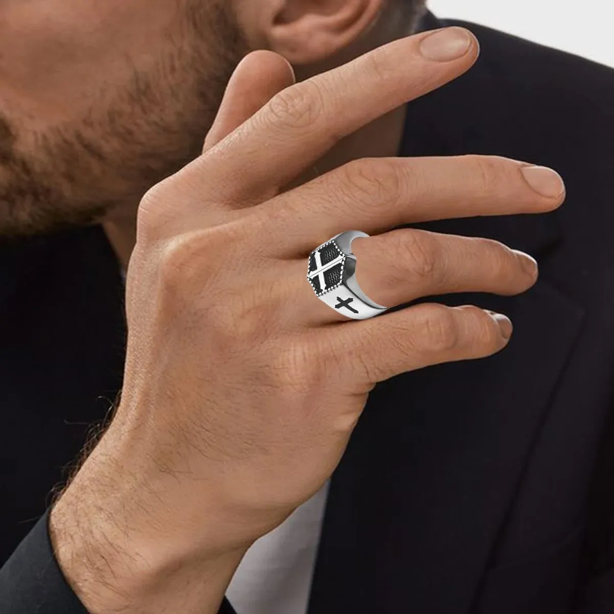 Sterling Silver Cross Ring - Unique Faith Christian Religious Ring for Men - Catholic Jewelry Gifts for Dad, Husband