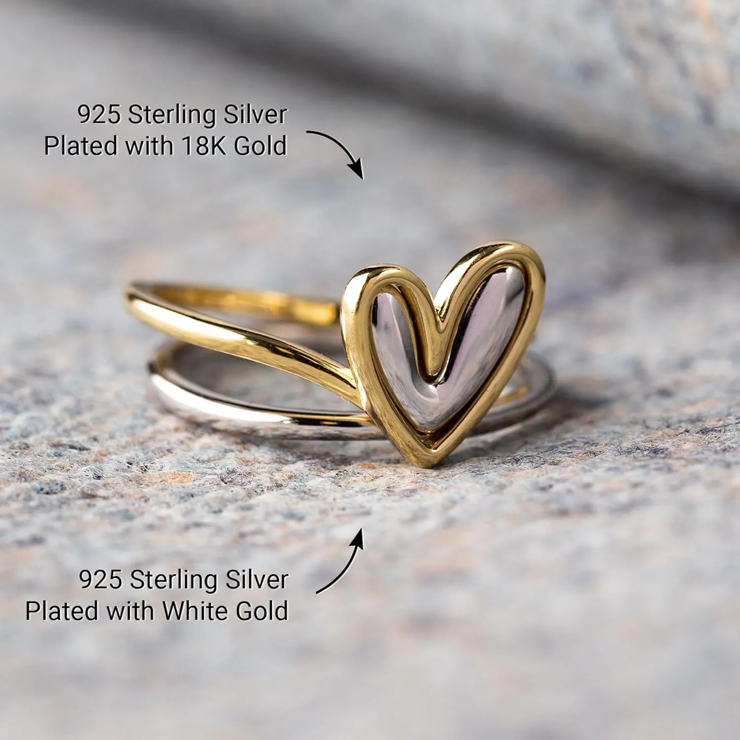 STORYJEWELLERY Gold and Silver Rings, 925 Sterling Silver Two Tone Ring, Mixed Metal Ring, Unique Stacking Heart Rings for Women, Self Love Gifts for Women