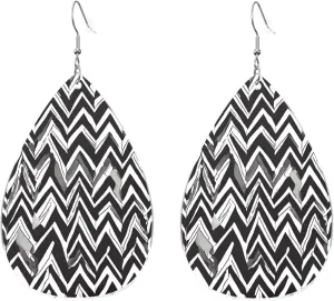 Stylish Drop-Shaped Acrylic Earrings Lightweight Printed Teardrop Dangle Earrings for Women (Black White Tan Zigzag Print)