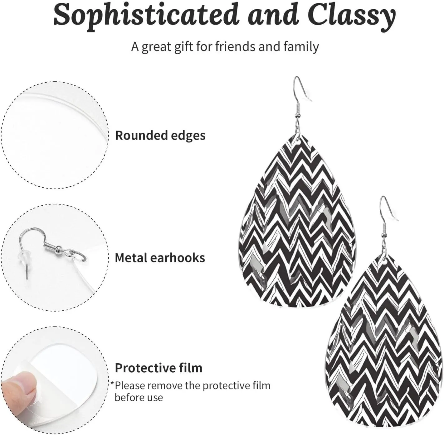 Stylish Drop-Shaped Acrylic Earrings Lightweight Printed Teardrop Dangle Earrings for Women (Black White Tan Zigzag Print)