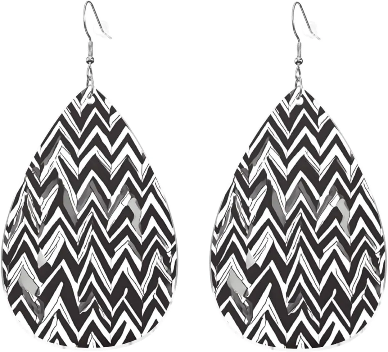 Stylish Drop-Shaped Acrylic Earrings Lightweight Printed Teardrop Dangle Earrings for Women (Black White Tan Zigzag Print)