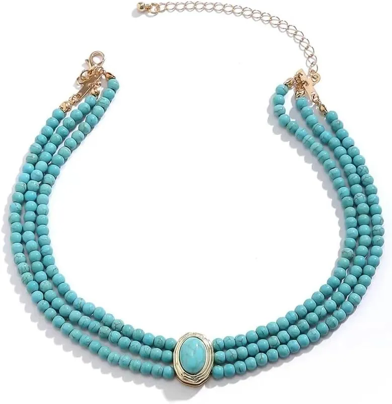 SukAmi Turquoise Choker Necklace Women 3 Layers Necklace Multi Strands Necklace 20s Turquoise Bib Pendant Necklace Choker Party Jewelry Mother's Day Gift