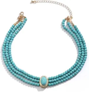 SukAmi Turquoise Choker Necklace Women 3 Layers Necklace Multi Strands Necklace 20s Turquoise Bib Pendant Necklace Choker Party Jewelry Mother's Day Gift