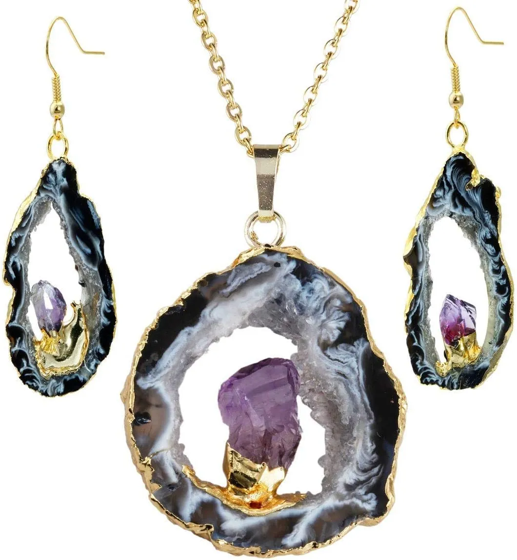 SUNYIK Irregualr Shape Natural Agate Quartz Geode Druzy Pendant Necklace & Crystal Dangle Earrings Jewelry Set