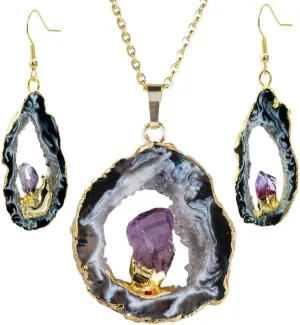 SUNYIK Irregualr Shape Natural Agate Quartz Geode Druzy Pendant Necklace & Crystal Dangle Earrings Jewelry Set