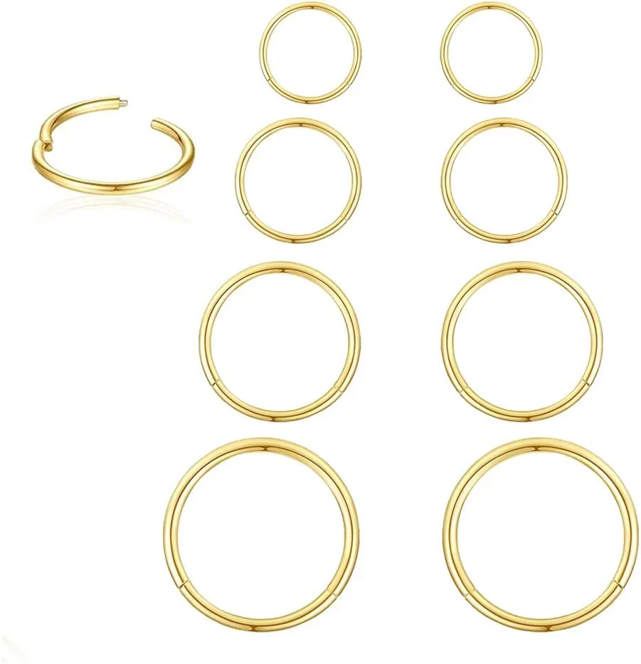 Surgical Stainless Steel Septum rings Gold plated Hoop Helix Cartilage Nose Rings Daith earrings for women men | 16G/18G 6mm 8mm 10mm 12mm set Hinged Clicker Tragus Sleeper Earrings 4Pair/8PCS Lip Ring Hoop Piercing Jewelry for Women Men