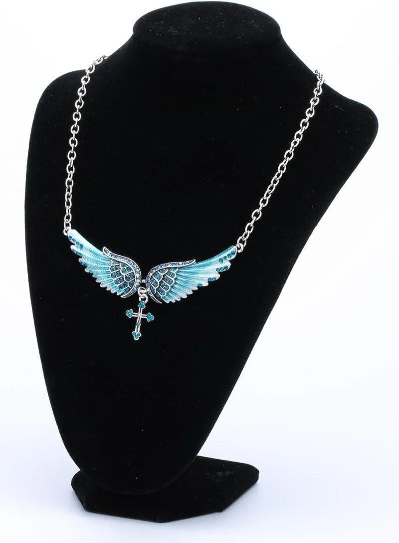Szxc Jewelry Women's Crystal Guardian Angel Wings Cross Choker Pendant Necklaces 18" 2"