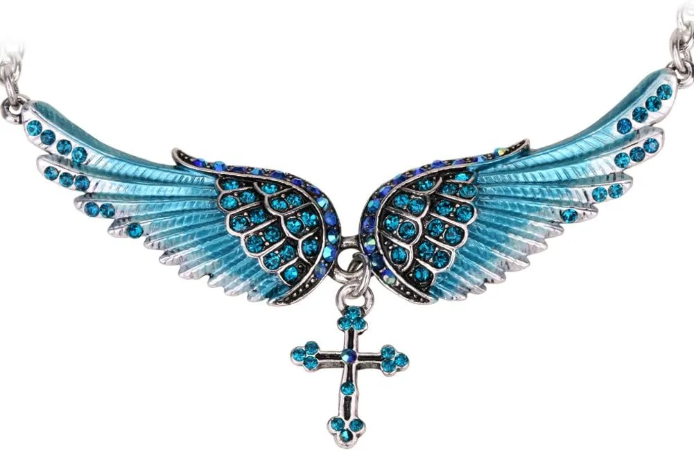 Szxc Jewelry Women's Crystal Guardian Angel Wings Cross Choker Pendant Necklaces 18" 2"