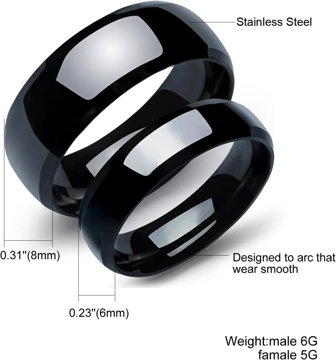 TEMICO 2pcs Stainless Steel Unique Pure Black Matching Couple Rings for Him and Her Relationship Jewelry