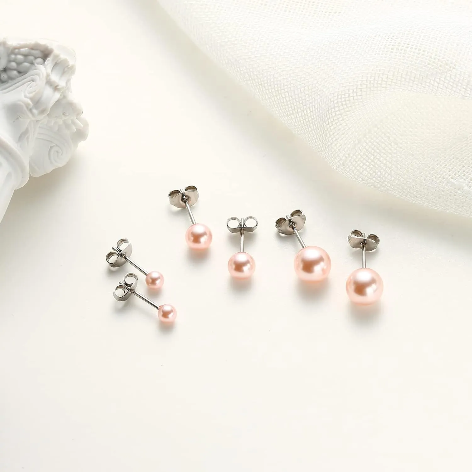 TGNEL Titanium Studs Earrings White/Pink Pearl Earrings for Women, Round Ball Hypoallergenic Earrings for Sensitive Ears 4-8mm