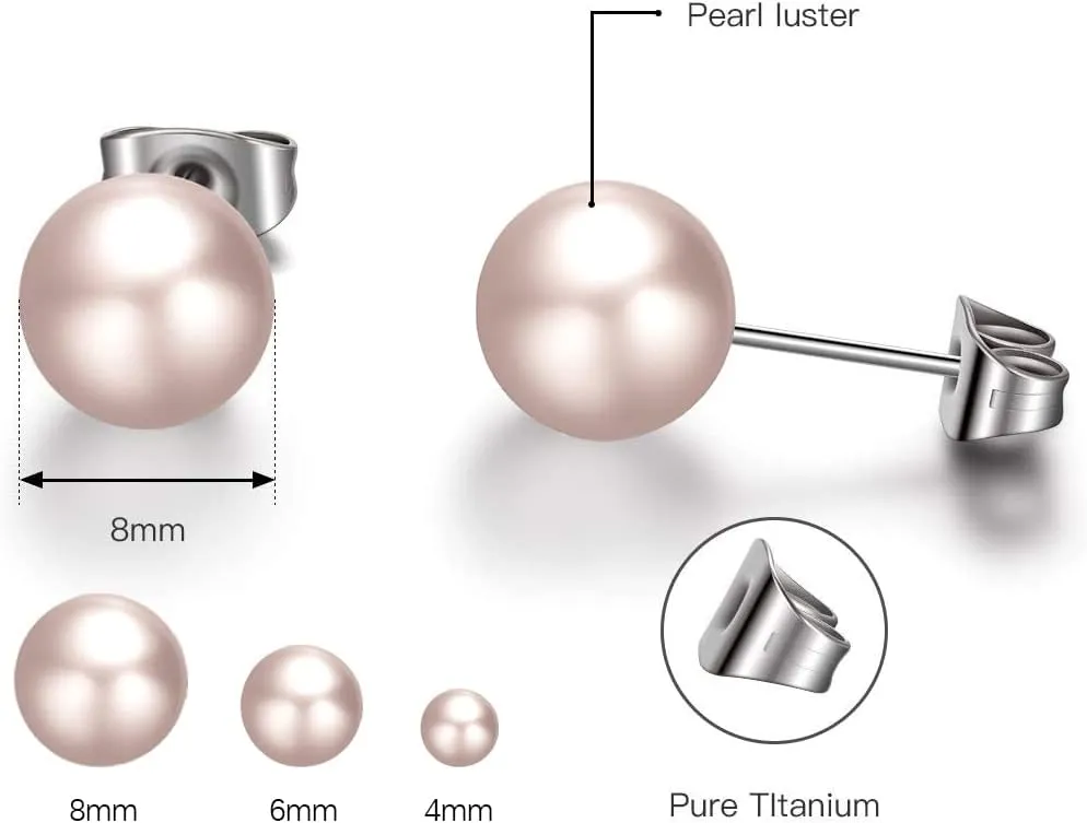 TGNEL Titanium Studs Earrings White/Pink Pearl Earrings for Women, Round Ball Hypoallergenic Earrings for Sensitive Ears 4-8mm