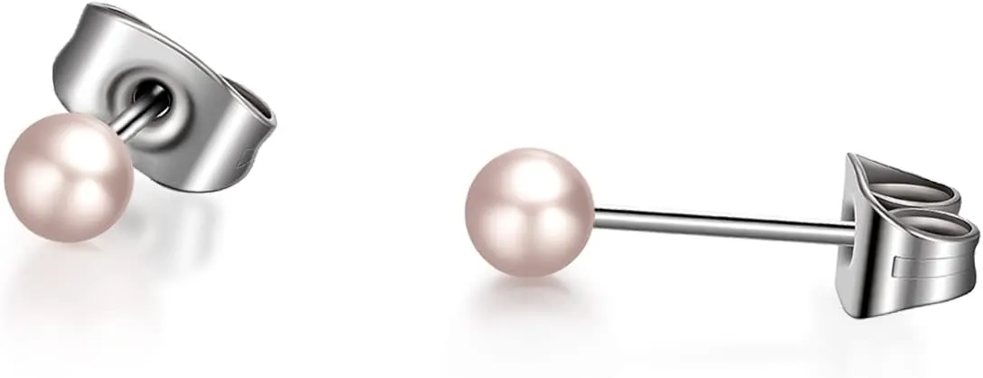 TGNEL Titanium Studs Earrings White/Pink Pearl Earrings for Women, Round Ball Hypoallergenic Earrings for Sensitive Ears 4-8mm