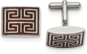 The Black Bow Men's Stainless Steel and Wood Inlay Greek Key Rectangular Cuff Links