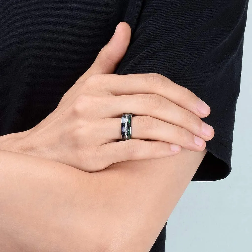 THREE KEYS JEWELRY Men Wedding Bands 8mm Tungsten Galaxy Blue Stone Carbide Meteorite Ring Real with Jewels Polished Infinity Unique for Him Black/Sliver