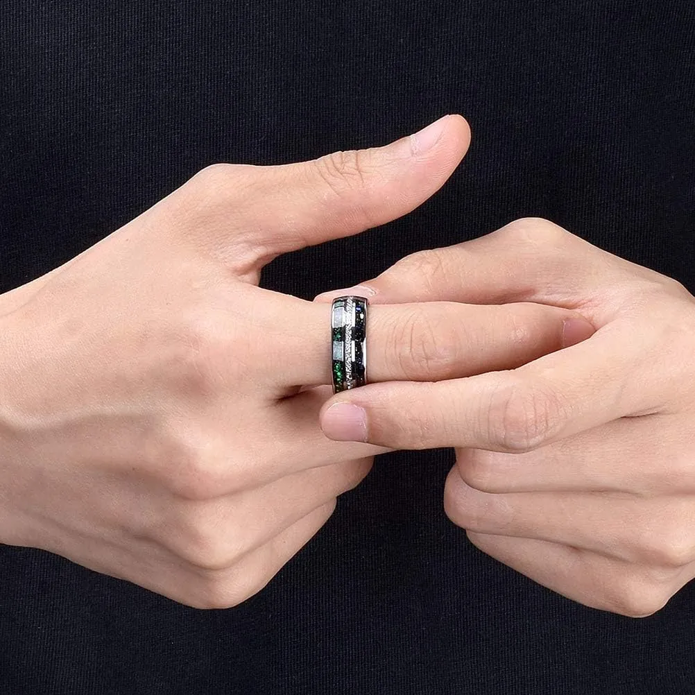THREE KEYS JEWELRY Men Wedding Bands 8mm Tungsten Galaxy Blue Stone Carbide Meteorite Ring Real with Jewels Polished Infinity Unique for Him Black/Sliver