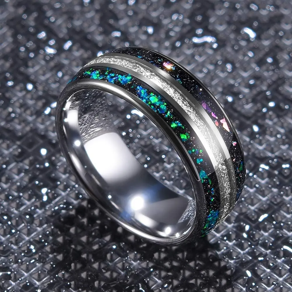 THREE KEYS JEWELRY Men Wedding Bands 8mm Tungsten Galaxy Blue Stone Carbide Meteorite Ring Real with Jewels Polished Infinity Unique for Him Black/Sliver